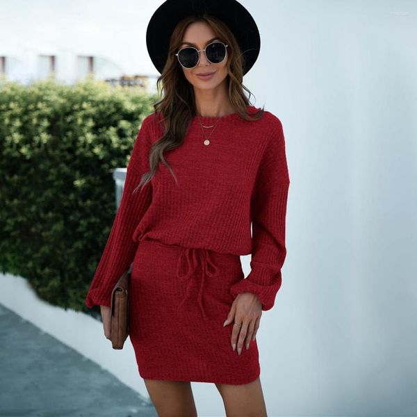 Robes décontractées femmes robe tricotée belle automne hiver à manches longues col rond à lacets paquet hanche Mini rouge élégant bureau dame