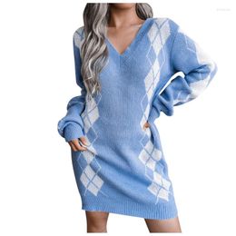 Casual jurken vrouwen gebreide pullover trui jurk vintage elegante geometrische print jumper v-neck lange mouw losse raad Vestidos mujer