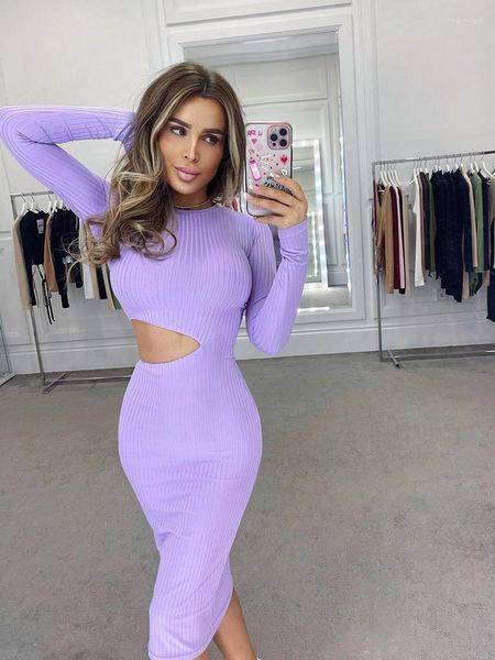 Vestidos casuales mujeres de punto acanalado vestido midi otoño manga larga vaina bodycon saliendo mujer sexy corte sólido bata