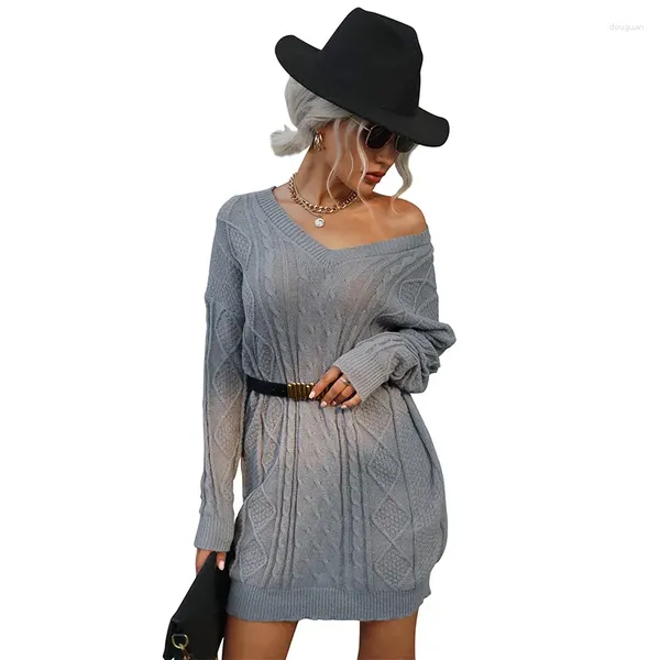 Vestidos casuales Mujeres Prendas de punto Suéter de mujer Vestido Mujer Jersey Tops Mujer Ropa de punto Otoño Invierno Gris Largo Punto