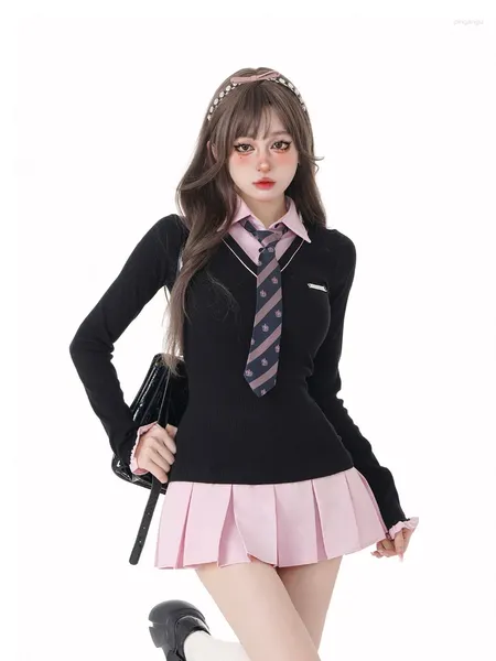 Vestidos casuales mujeres kpop mini negro rosa rosa preppy camisas de manga larga vestida con corbata gyaru 2000s estética japonesa y2k niña una pieza