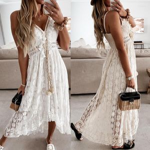 Casual jurken Women Lace Crochet Beach Bikini Cover Up Long Kaftan Dress Summer Kimono Maxi Bathing Suit Beachwear Maios de Banho