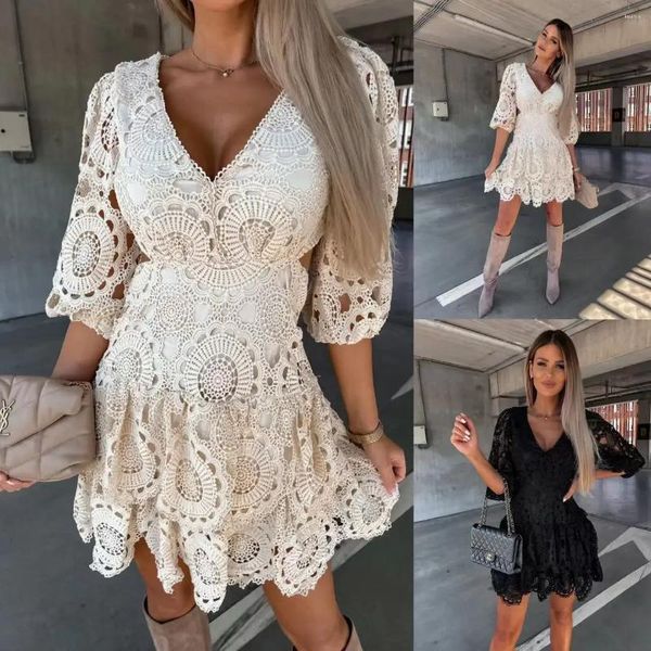 Robes décontractées femme robe en dentelle v cou slim sexy fashion d'été elegat bureau lady street street street cote village lugentolo