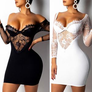 Vestidos casuales mujeres encaje patchwork sexy ahueca hacia fuera bodycon manga larga con cuello en v profundo fiesta de noche club corto mini vestido