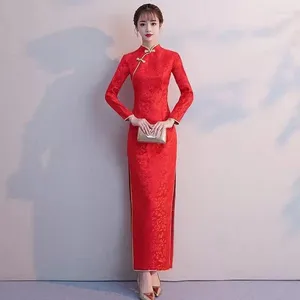 Robes décontractées femme dame étiquette cheongsam robe qi pao style chinois élégant rouge mince