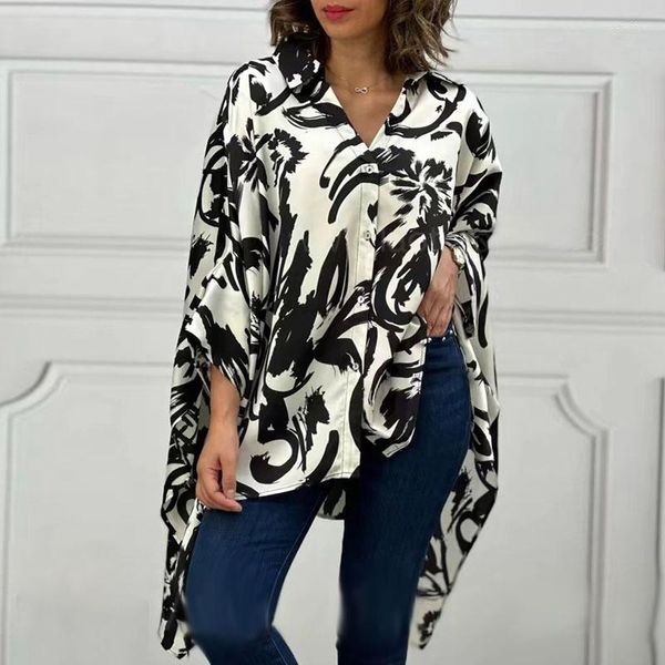 Robes décontractées Femmes Revers Batwing Manches Lâche Tops Blouses Élégant Motif Imprimer Chemise Robe Mode Simple Boutonnage High Street