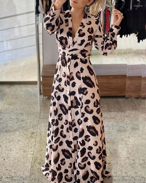 Vestidos casuales Mujer Estampado de leopardo Atado Detalle Maxi Vestido 2023 Botón de mujer Diseño Manga larga Cuello en V Bata Dama Ropa de fiesta