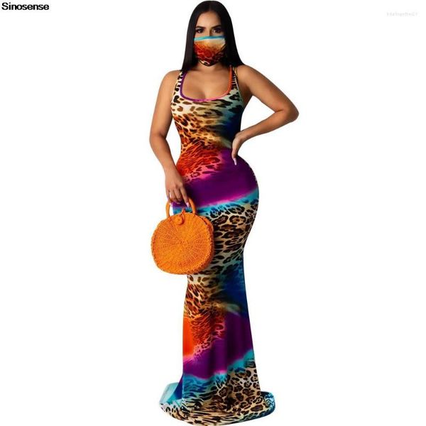 Robes décontractées Femmes Léopard Tie Dye Imprimer Moulante Maxi Tank Dress Sans Manches Slim Fit Long Crayon Sexy Night Club Party Soirée