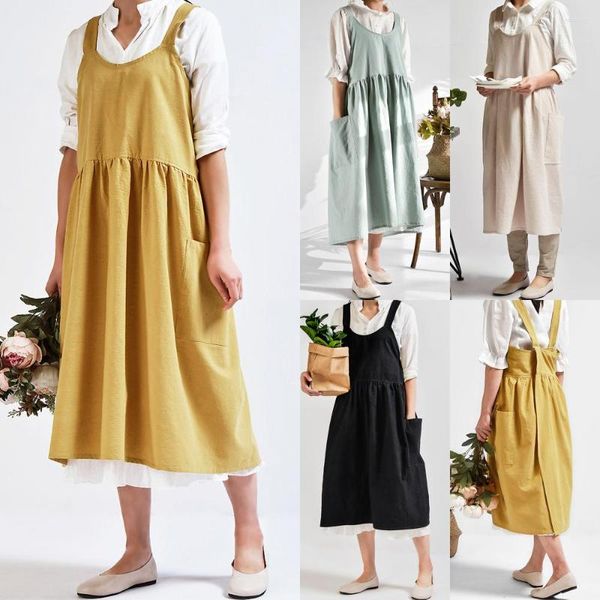 Robes décontractées femmes lin bavoir tablier couleur unie sans manches ménage cuisson wrap avec poche jaune noir beige vert unique et
