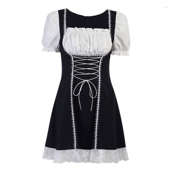 Vestidos casuales Mujer Lolita Puff Mini vestido plisado de manga corta Maid Cuello cuadrado con cordones Cintura alta A-Line Ruffle Lace Hem Disfraz P8DB