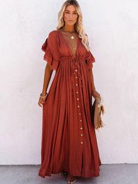 Robes décontractées femmes Robe longue Boho été plage Bikini couvrir Laides Maxi col en v Robe d'été Vintage Sexy Robe Longue