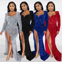 Robes décontractées Femmes Robe longue Split Out Dimond Full Sleeve Party Night Clubwear Zipper Slim Bodycon pour les robes