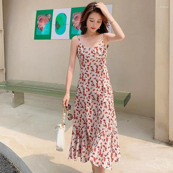 Vestidos casuales Mujeres Largo Floral Slip Vestido Sundress Verano 2024 Runway Elegante Strappy Backless Fairy Sea Beach Vacaciones Fiesta Vestidos