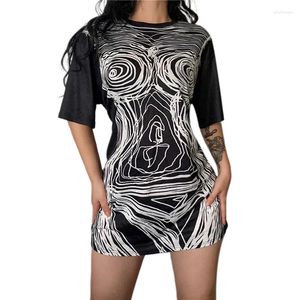 Robes décontractées Femmes longs T-shirt Style Robe d'été noire gothique rond rond à manches courtes motif imprimé de fête