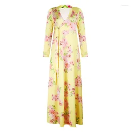 Robes décontractées Femmes Longue Maxi Bohême Col Creux Trois Quarts Manches Imprimé Floral Ethnique Été Plage Femme Style Élégant Robe