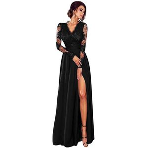Robes décontractées femmes longue Maxi robe profonde col en V manches côté fendu mince formelle fête Vestidos robes noires Sexy dentelle 2XLCasual