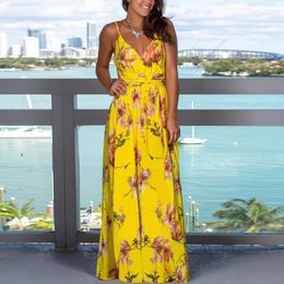 Casual jurken vrouwen lange geplooide sling 2021 zomer bloemenprint sexy maxi jurk backless v-neck hoogwaardige vestIDOS1