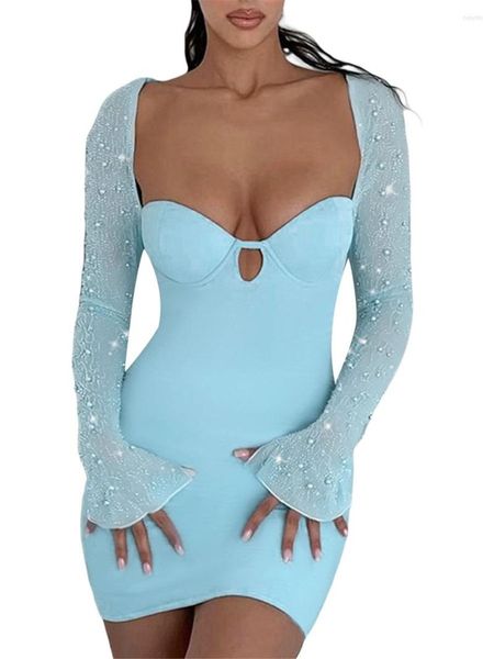 Robes décontractées femmes à manches longues robe moulante Sexy perles décor pansement dos nu Mini courte fête Club Streetwear