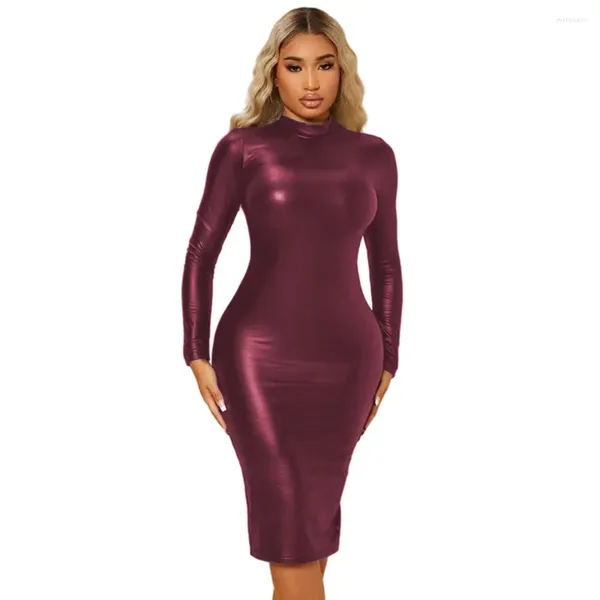 Vestidos casuales Mujeres de manga larga bodycon lápiz vestido vinilo metálico elástico hasta la rodilla delgado sexy cuello redondo charol apretado