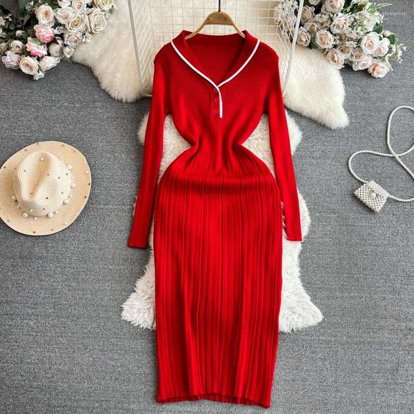 Vestidos casuales mujeres manga larga bodycon cadera abrigo vestido vintage francés moda punto apretado vestido elegante otoño invierno suéter bata