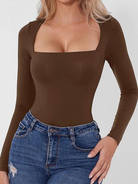 Vestidos casuales Mujeres Body de manga larga Color sólido Cuello cuadrado Flacos Mamelucos Primavera Otoño Monos Streetwear