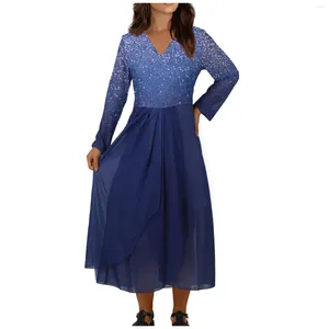 Robes décontractées femmes robe à manches longues en mousseline de soie col en v imprimé droit simple élégant fête robes para mujer