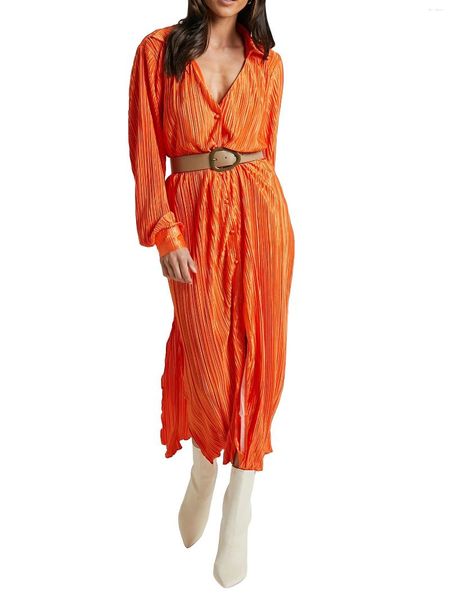 Robes décontractées Femmes à manches longues chemises plissées Bouton Bouton en V Coul Couleur solide Streetwear Street Orange Medium