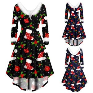 Vestidos casuales Mujeres Camisa de manga larga Vestido Moda suelta Dibujos animados Impreso Piel con cuello en V Top Mujer Invierno Tallas grandes Dobladillo irregular