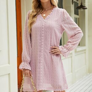 Robes décontractées Femmes manches longues col en V robe courte mode fluide mini petit point taille haute coupe ample babydoll