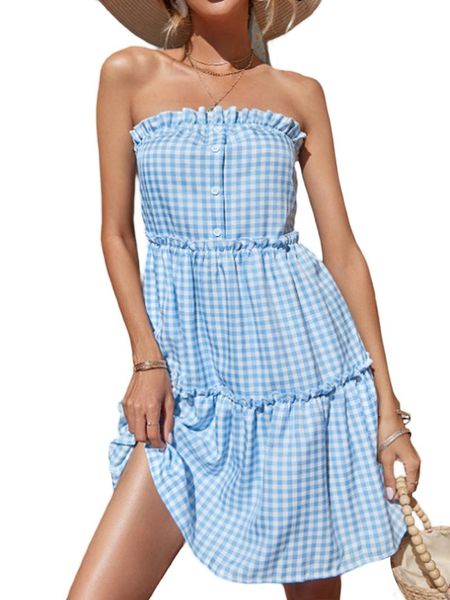 Robes Décontractées Femmes Long Été Plaid Sans Manches Dos Nu Wrap Poitrine Gâteau Robe Midi DressCasual