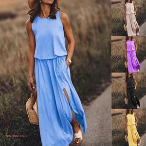 Vrijetijdsjurken Dames Losse zomerjurk Lange jurk Mouwloze Split Maxi-jurken Zomer-strand met zakornament