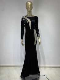 Casual jurken dames luxe sexy sexy lange mouw diagonale schouder diamant zwart fluwelen hol uit maksi shirt jurk elegante feestclub