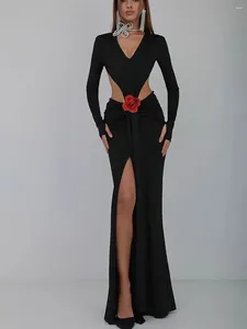 Casual jurken vrouwen luxe sexy lage mouw backless bloem katoen zwarte jurken beroemdheid elegante avond trompet feest maxi jurk