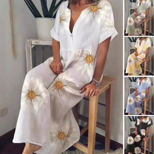 Robes décontractées Femmes Maxi Robe Style Bohème Imprimé Floral Pour Manches Courtes Col En V Bouton A-ligne Vacances Plage Douce