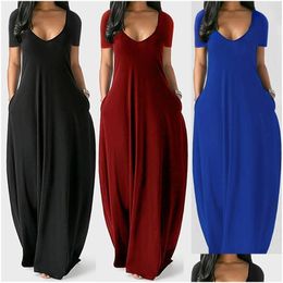 Robes décontractées Femmes Maxi Robe Été Vneck Solide Longues Poches De Mode À Manches Courtes Lâche Femme Robes Plus Taille Drop Livraison A Dhdkn