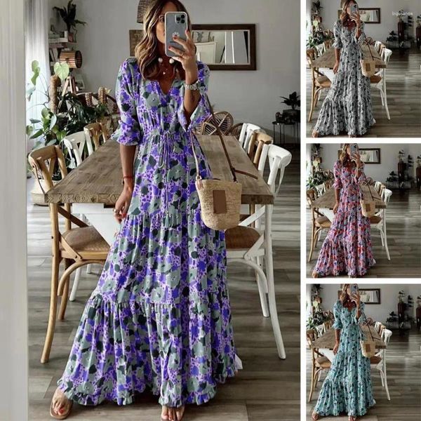 Robes décontractées Femmes Robe maxi V Neck DrawString Twest Taist A-Line Patchwork Loose Flower Imprimé de fleur de trois quarts Modèles colorés