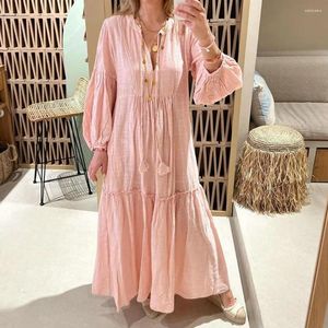 Robes décontractées femmes maxi robe col en V à manches longues bulle couleur pure gland lâche a-ligne ourlet plissé bohème dame plage