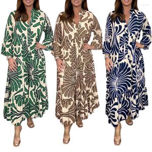 Robes décontractées femmes Maxi robe Vintage neuvième manches cheville longueur longue surdimensionné Patchwork bouton décor taille haute dame