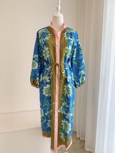 Robes décontractées femmes mi-mollet robe fleur imprimé à lacets taille col montant chemise à manches longues robe lin vintage