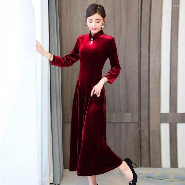 Vestidos casuales Mujeres Vestido de longitud media Estilo Cheongsam Elegante Invierno de mujer Elegante Diseño de una línea Cálido Jersey suave para bailes