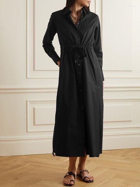 Robes décontractées Femmes Robe mi-longue Baguettes Ceinture Robe de chemise à manches longues à boutonnage simple