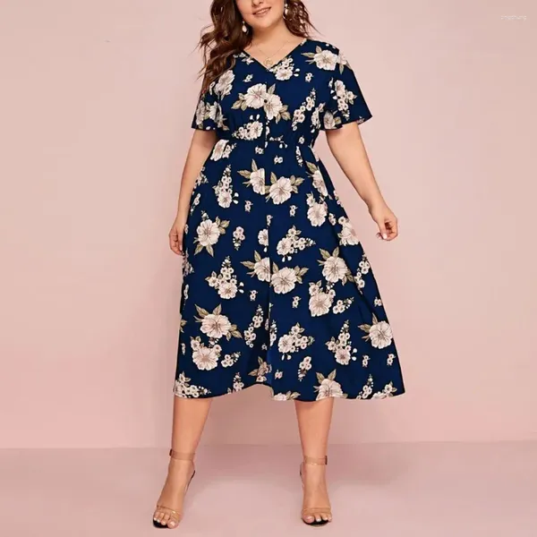 Robes décontractées Femmes Robe Midi Large Hem Fleur Imprimé Lâche Split Manches Courtes Dress-Up Col V Taille Serrée Plus Taille Lady Femme Tissu