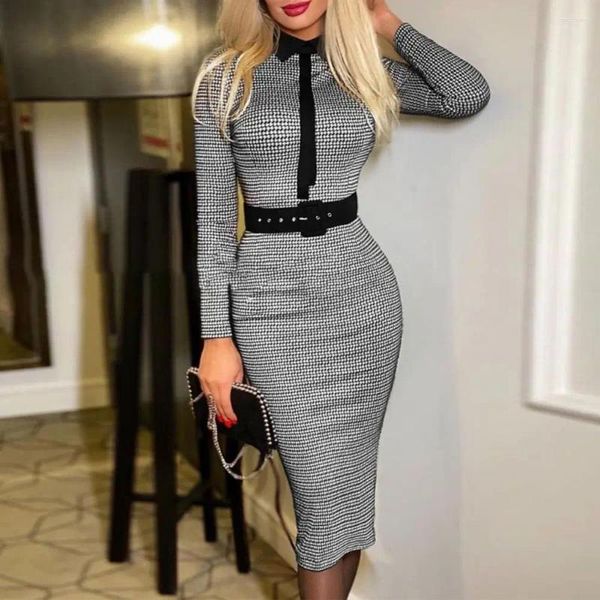 Robes décontractées Femmes Robe Midi Plaid Print Office Lady Bodycon Slim Fit avec revers taille haute manches longues vêtements de travail pour