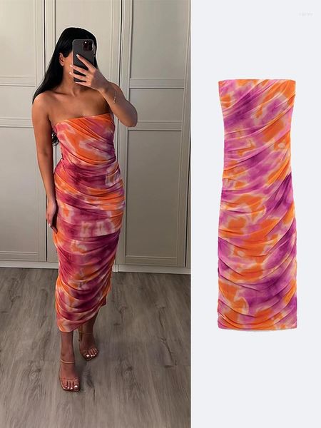 Vestidos casuales Mujeres Midi Vestido Tie-dye Tul Fruncido Vintage Sin tirantes Impreso Delgado Cremallera lateral 2023 Moda Vestidos femeninos