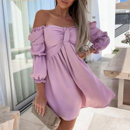 Casual Jurken Vrouwen Mini Jurk Off Shoulder Losse Zoom Hoge Taille Bubble Mouwen A-lijn Effen Kleur Zachte Geplooide Lady Beach Prom