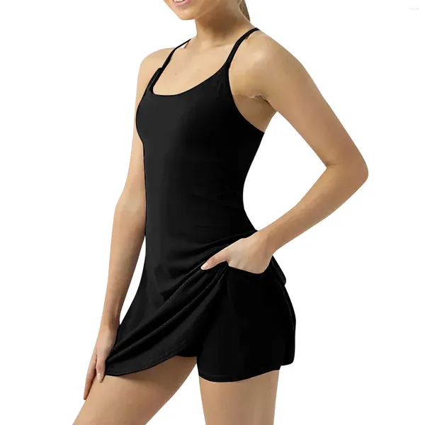 Robes décontractées Femmes Mini Robe de tennis sportive avec soutien-gorge intégré Sling Entraînement Slim Shorts Athletic Qutfits Femme Sports Robe