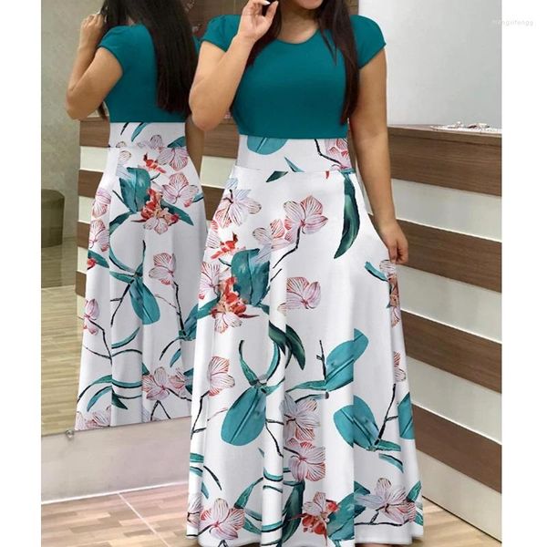 Robes décontractées femmes O cou longueur de plancher longue robe maxi taille haute printemps été contraste imprimé tropical manches courtes