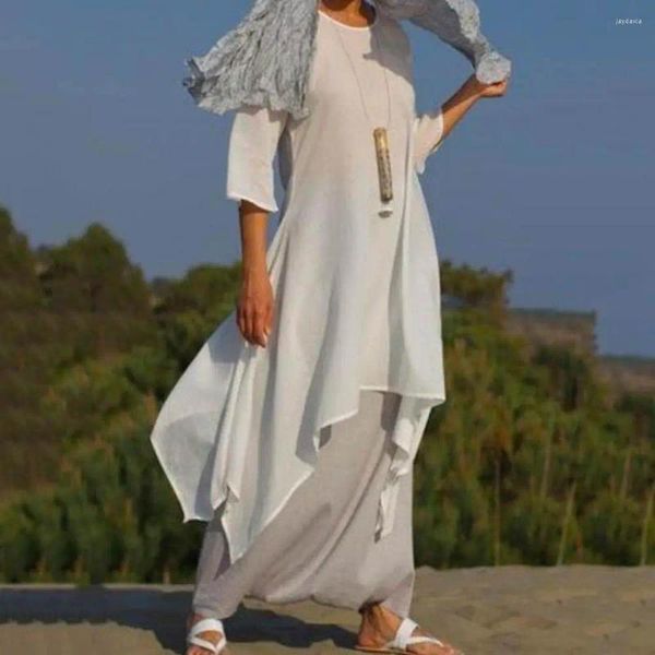 Robes décontractées Femmes O-cou à manches longues Loose-ajustement Robe de tunique mode Irréguleux Hémorchage MIDI Vêtements féminins