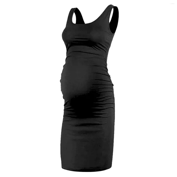 Vestidos casuales Mujeres O Cuello M Jersey Ligero Slim Verano Lado Fruncido Bodycon Vestido de maternidad Tanque sin mangas suave Uso diario