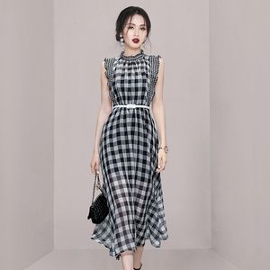 Casual jurken vrouwen o-neck plaid mouwloze hoge taille feestjurken vrouwelijke catwalk mode ruches vintage lange jurk robe 230413